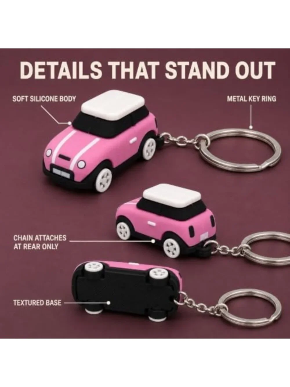 Cute 3D OM Keychain with Mini Silicone Model - Pink, Stylish Silver Chain